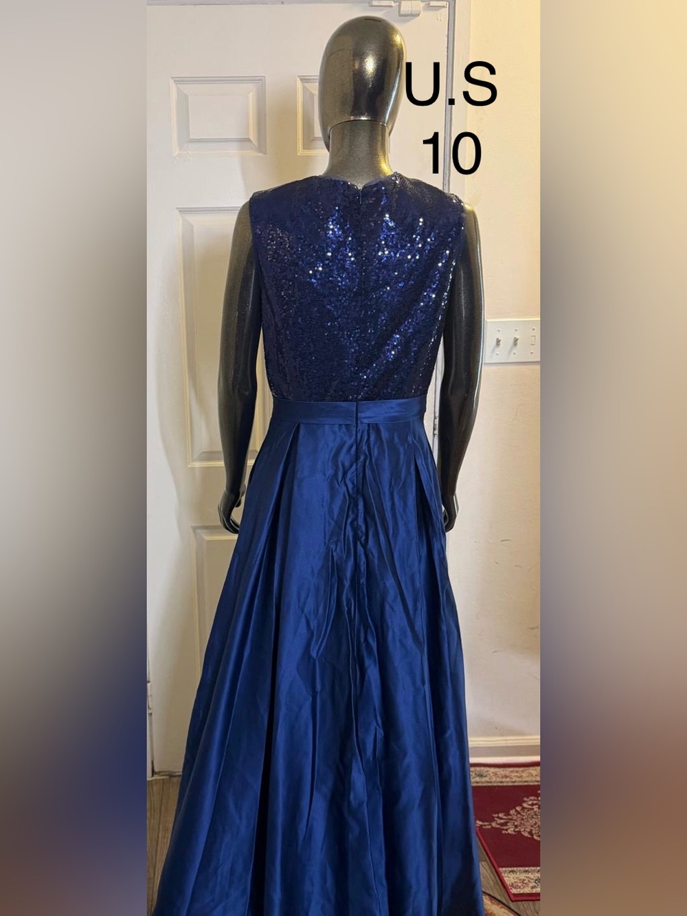 Elegant Sequin Bodice Satin Skirt Evening Dress - Navy